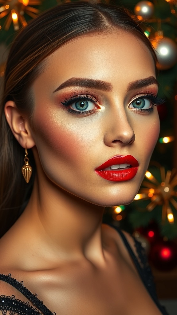 A model showcasing a Christmas makeup look with glowing skin and red lips, surrounded by holiday decorations.